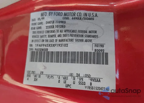 1999 Ford Mustang Gt z USA, uszkodzony, nr VIN 1FAFP45X5XF193102